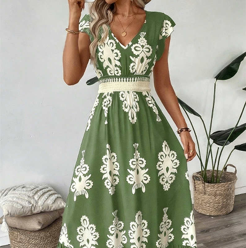 【Exceptional Price】💐50% OFF ! 💥Women's V-Neck Baroque Print Flowy Maxi Dress