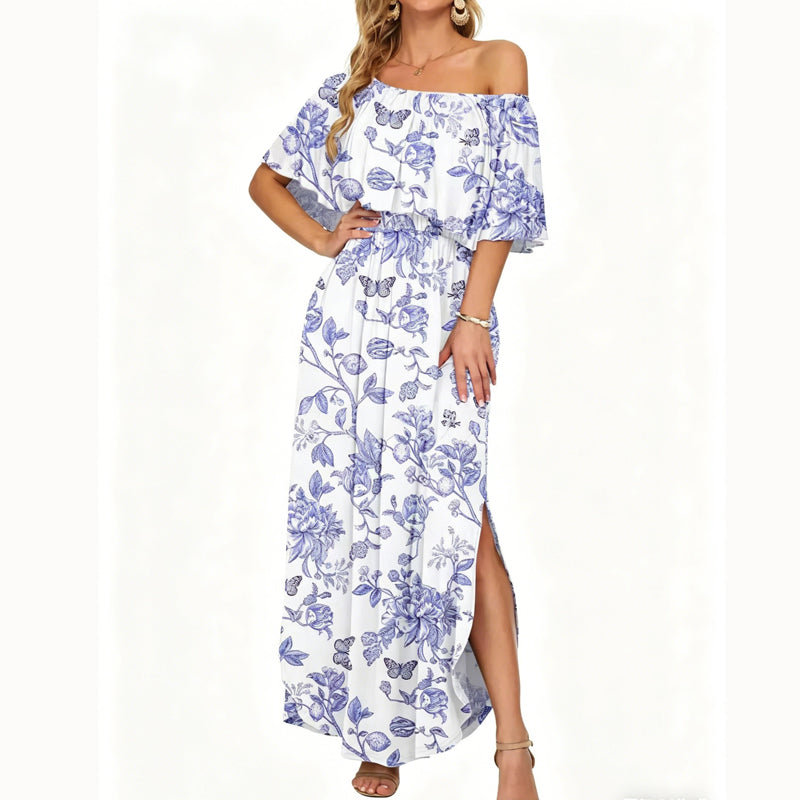👗 50% OFF NOW! 🌸 Printed Off-Shoulder Short Sleeve Maxi Dress – Floral Print, Ruffled Bodice & Hidden Pockets ✨