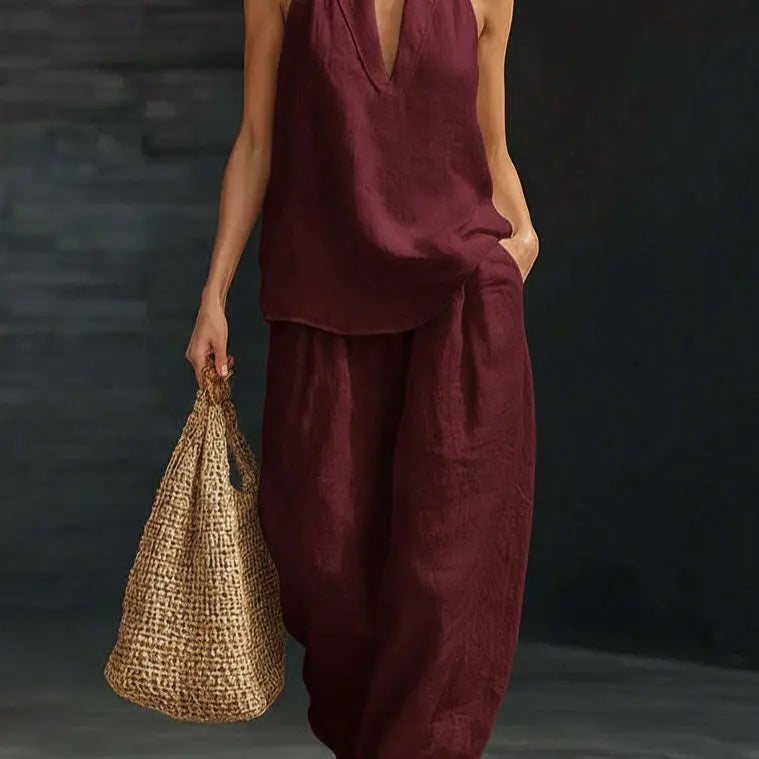 ⏳Time-Limited Special⏰Boho Linen Two Piece Set - Halter Neck Sleeveless Top Wide Leg Pants Set