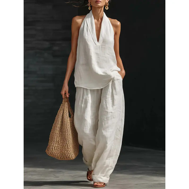 ⏳Time-Limited Special⏰Boho Linen Two Piece Set - Halter Neck Sleeveless Top Wide Leg Pants Set