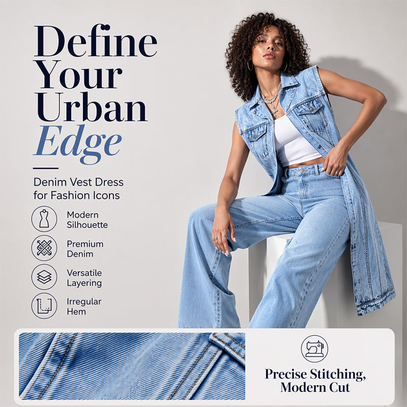 Women Sleeveless High Slit Denim Vest Dress Longline Jean Jacket