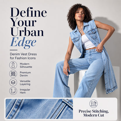 Women Sleeveless High Slit Denim Vest Dress Longline Jean Jacket