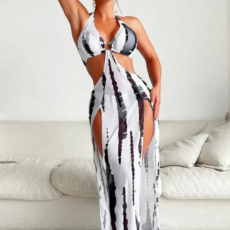 👙 LIMITED TIME 50% OFF! ✨ Striped Two-Piece Swimsuit – Halter Neck Tie, Ring Detail, High Stretch 🌊