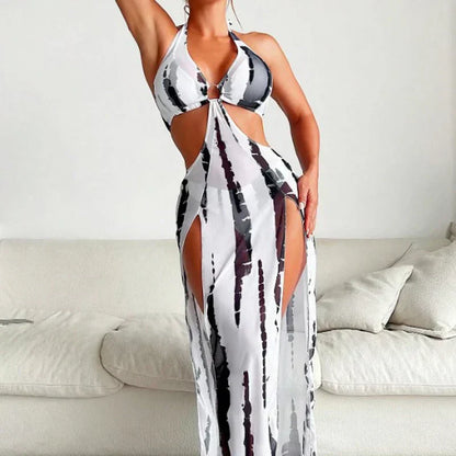 👙 LIMITED TIME 50% OFF! ✨ Striped Two-Piece Swimsuit – Halter Neck Tie, Ring Detail, High Stretch 🌊