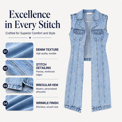 Women Sleeveless High Slit Denim Vest Dress Longline Jean Jacket