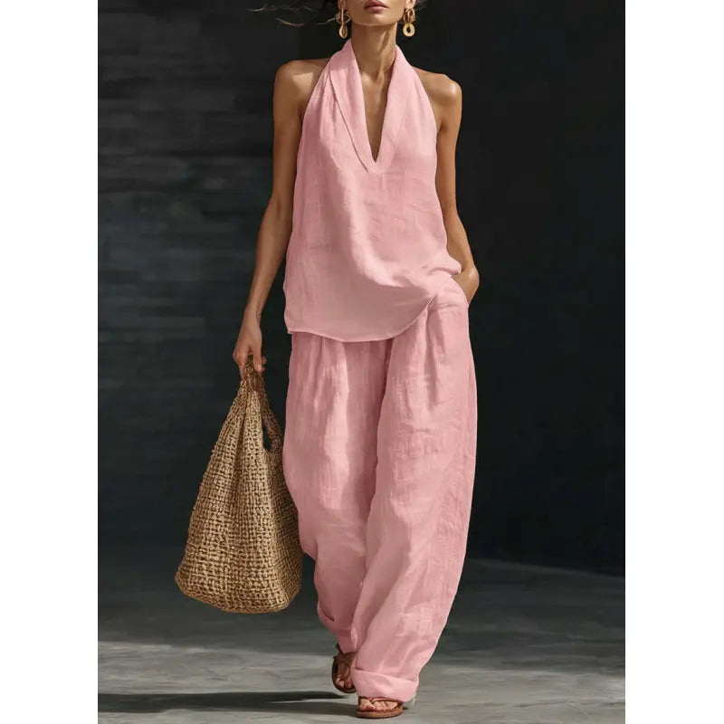⏳Time-Limited Special⏰Boho Linen Two Piece Set - Halter Neck Sleeveless Top Wide Leg Pants Set