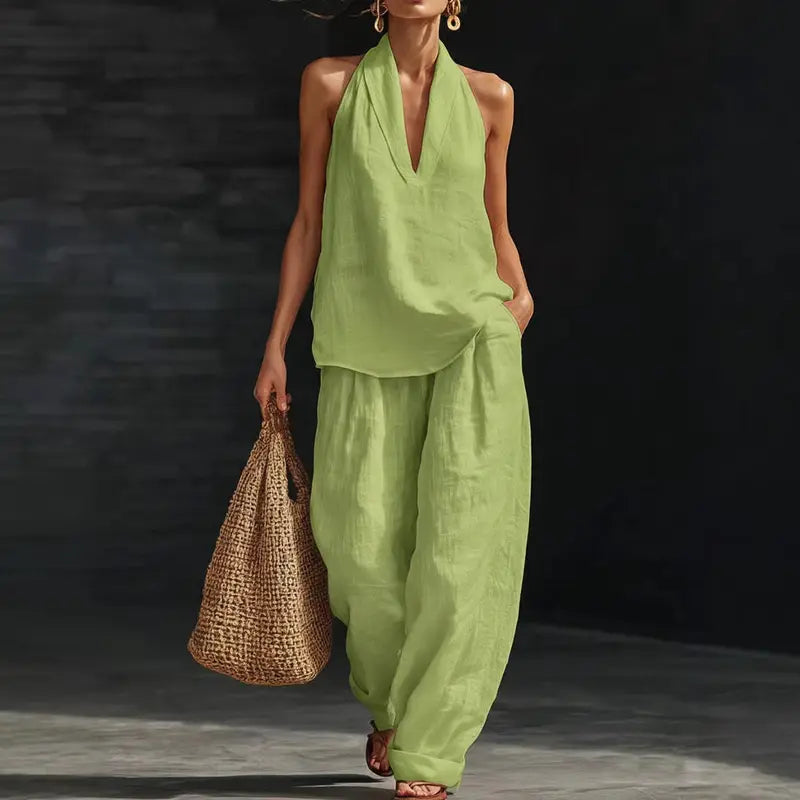 ⏳Time-Limited Special⏰Boho Linen Two Piece Set - Halter Neck Sleeveless Top Wide Leg Pants Set