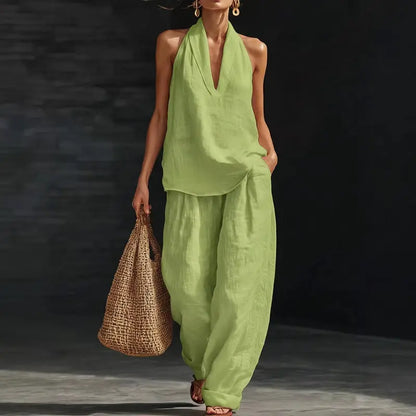 ⏳Time-Limited Special⏰Boho Linen Two Piece Set - Halter Neck Sleeveless Top Wide Leg Pants Set