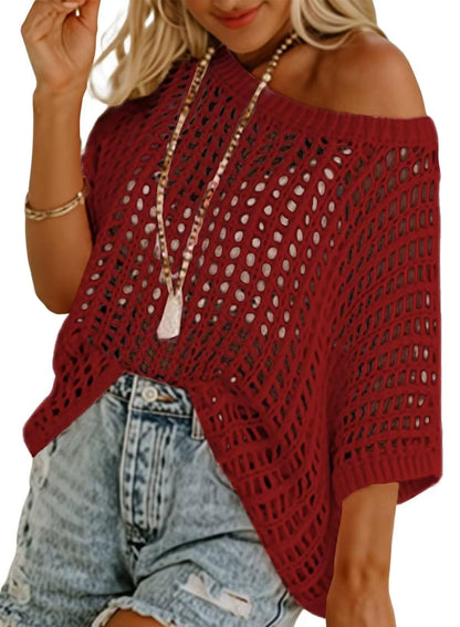 🥰Summer Hot Sale🌿Womens Casual Short Sleeve Hollow Out Pullover Knit Tops
