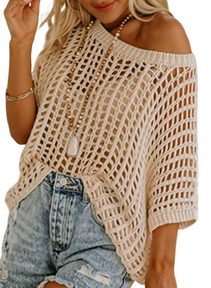 🥰Summer Hot Sale🌿Womens Casual Short Sleeve Hollow Out Pullover Knit Tops