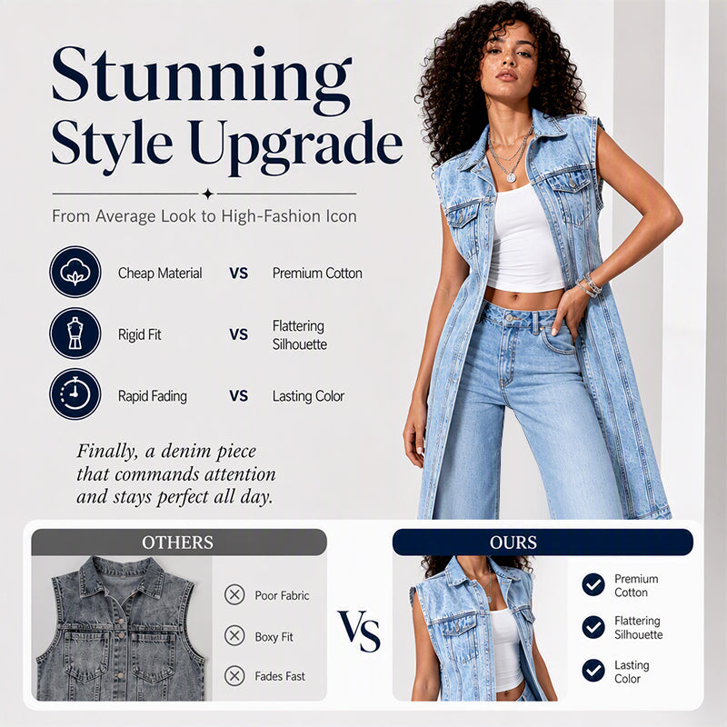 Women Sleeveless High Slit Denim Vest Dress Longline Jean Jacket