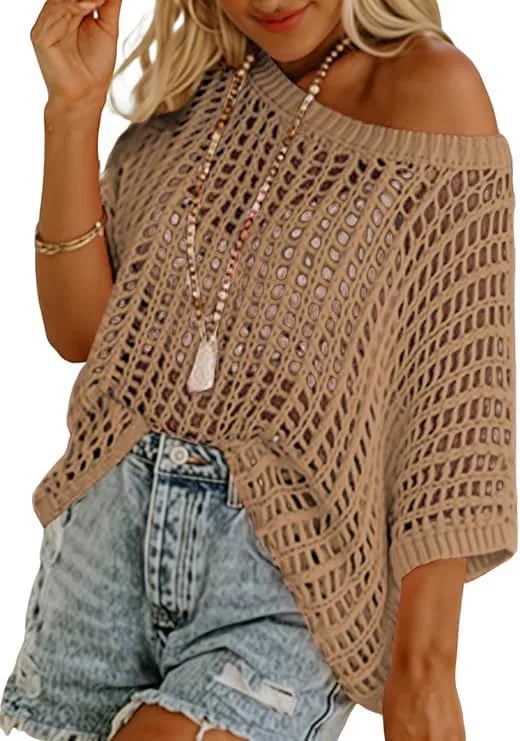 🥰Summer Hot Sale🌿Womens Casual Short Sleeve Hollow Out Pullover Knit Tops