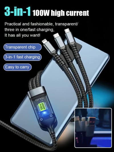 💕2025 Latest Hot Deals! 💕Transparent Luminous Super Fast Charging 3-in-1 Data Cable