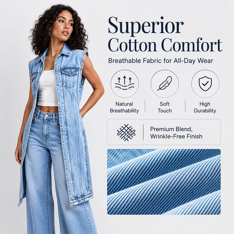 Women Sleeveless High Slit Denim Vest Dress Longline Jean Jacket