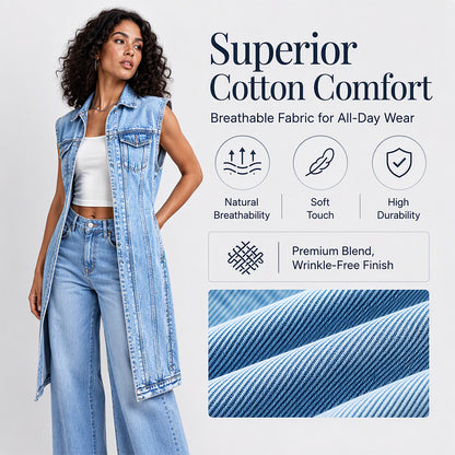 Women Sleeveless High Slit Denim Vest Dress Longline Jean Jacket