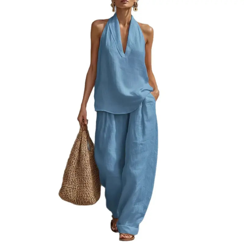 ⏳Time-Limited Special⏰Boho Linen Two Piece Set - Halter Neck Sleeveless Top Wide Leg Pants Set
