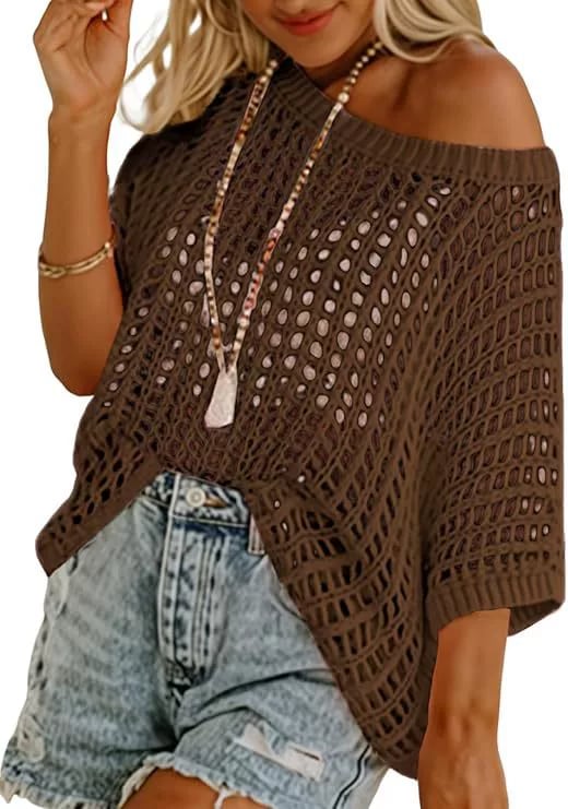 🥰Summer Hot Sale🌿Womens Casual Short Sleeve Hollow Out Pullover Knit Tops