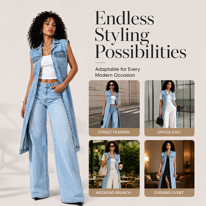 Women Sleeveless High Slit Denim Vest Dress Longline Jean Jacket