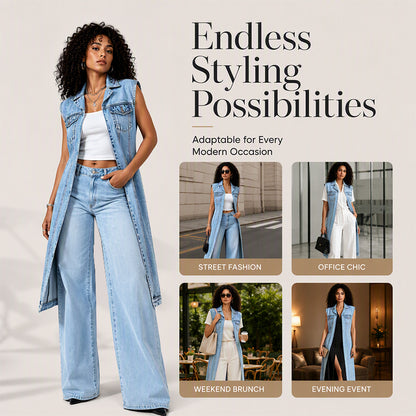 Women Sleeveless High Slit Denim Vest Dress Longline Jean Jacket