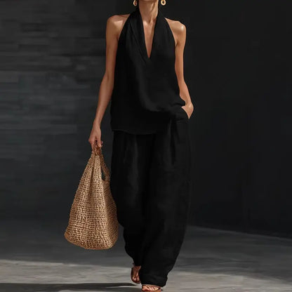 ⏳Time-Limited Special⏰Boho Linen Two Piece Set - Halter Neck Sleeveless Top Wide Leg Pants Set