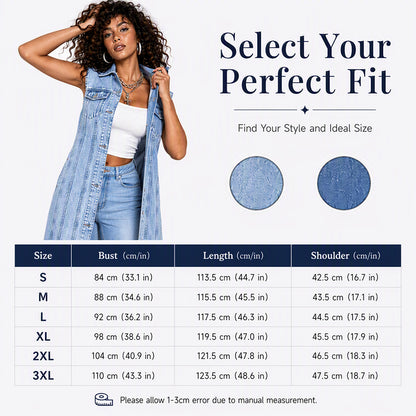 Women Sleeveless High Slit Denim Vest Dress Longline Jean Jacket
