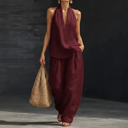 ⏳Time-Limited Special⏰Boho Linen Two Piece Set - Halter Neck Sleeveless Top Wide Leg Pants Set