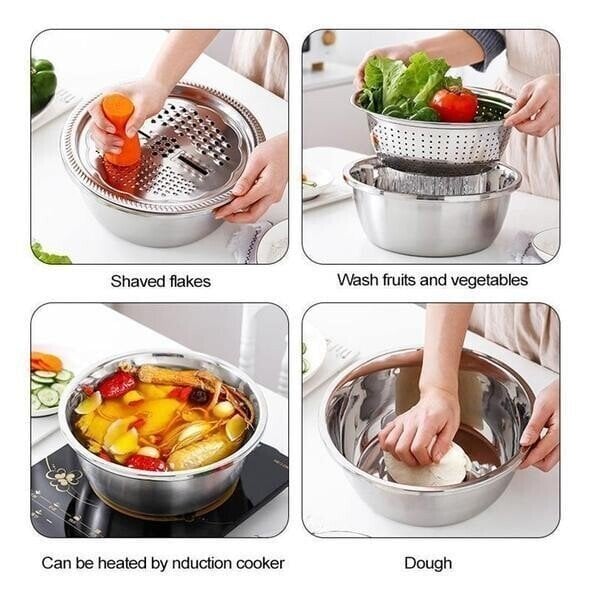 ⏳Limited-time 50% off⏰Household Thickened Stainless Steel 3-piece Vegetable Chopping and Draining Basket Set🥒🥔🧅