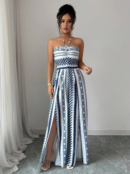 🌀 LIMITED-TIME 50% OFF! 💥 Geometric Jumpsuit with Halter Neckline & Side Slit – Unique Print, Elegant Fit, Versatile Style ✨
