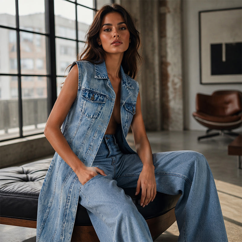 Women Sleeveless High Slit Denim Vest Dress Longline Jean Jacket