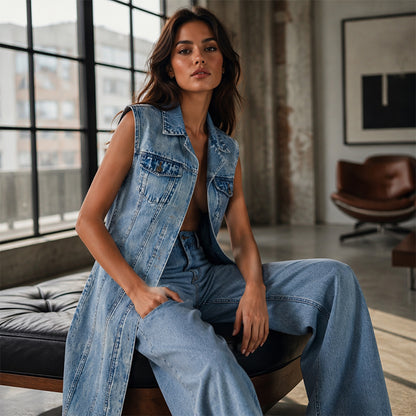 Women Sleeveless High Slit Denim Vest Dress Longline Jean Jacket
