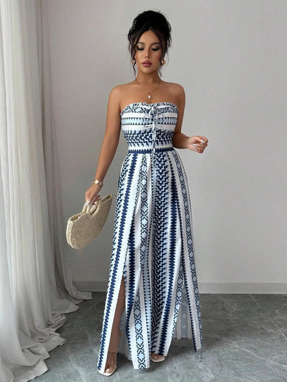 🌀 LIMITED-TIME 50% OFF! 💥 Geometric Jumpsuit with Halter Neckline & Side Slit – Unique Print, Elegant Fit, Versatile Style ✨