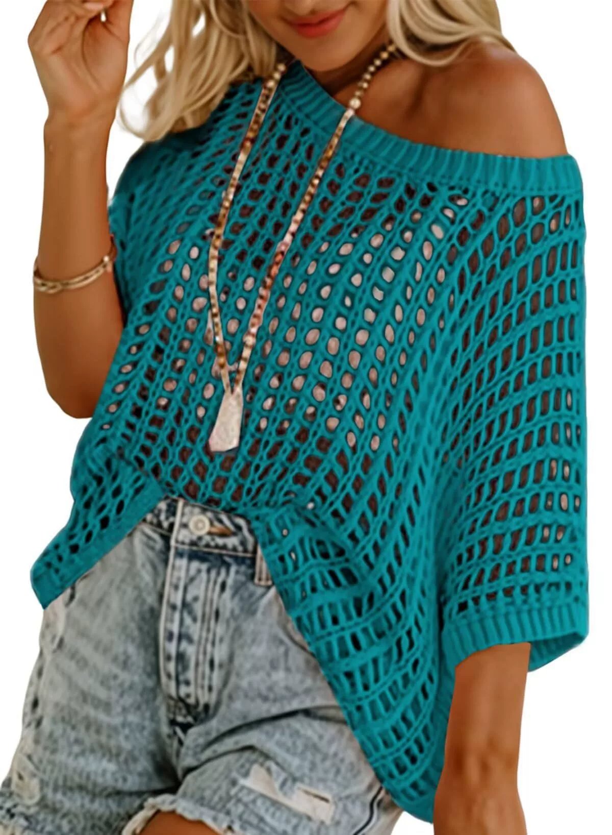 🥰Summer Hot Sale🌿Womens Casual Short Sleeve Hollow Out Pullover Knit Tops