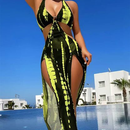 👙 LIMITED TIME 50% OFF! ✨ Striped Two-Piece Swimsuit – Halter Neck Tie, Ring Detail, High Stretch 🌊