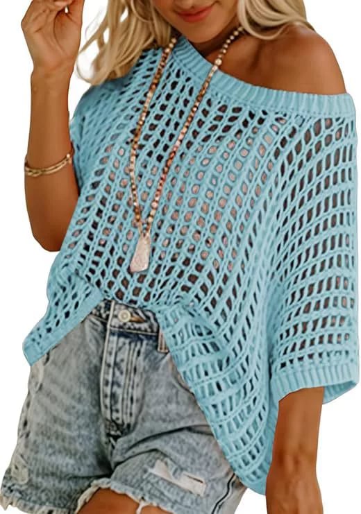🥰Summer Hot Sale🌿Womens Casual Short Sleeve Hollow Out Pullover Knit Tops
