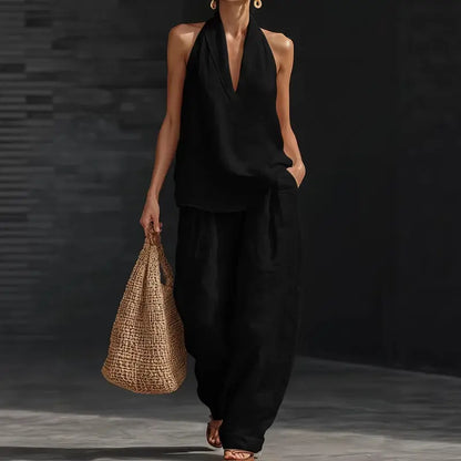 ⏳Time-Limited Special⏰Boho Linen Two Piece Set - Halter Neck Sleeveless Top Wide Leg Pants Set