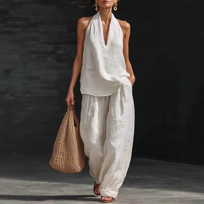 ⏳Time-Limited Special⏰Boho Linen Two Piece Set - Halter Neck Sleeveless Top Wide Leg Pants Set