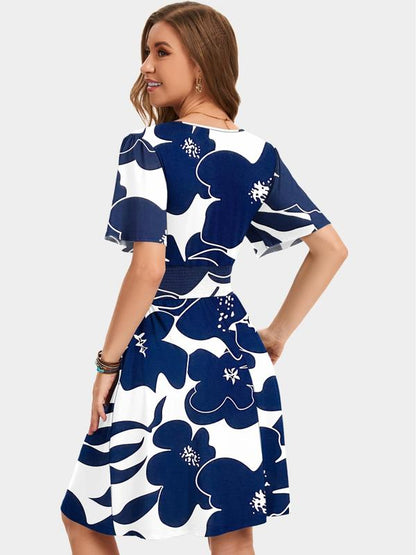 💃Summer Hot Sale 50% OFF🌈Women's Ruffle Sleeve Sexy Sundress Floral V Neck Short Wrap Dress with Pockets