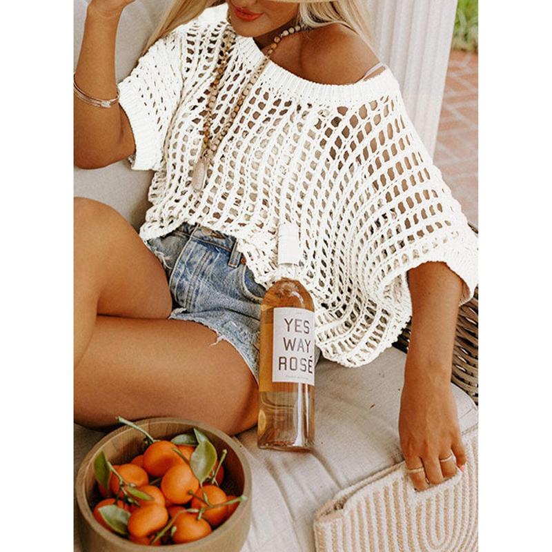 🥰Summer Hot Sale🌿Womens Casual Short Sleeve Hollow Out Pullover Knit Tops