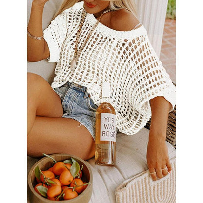 🥰Summer Hot Sale🌿Womens Casual Short Sleeve Hollow Out Pullover Knit Tops