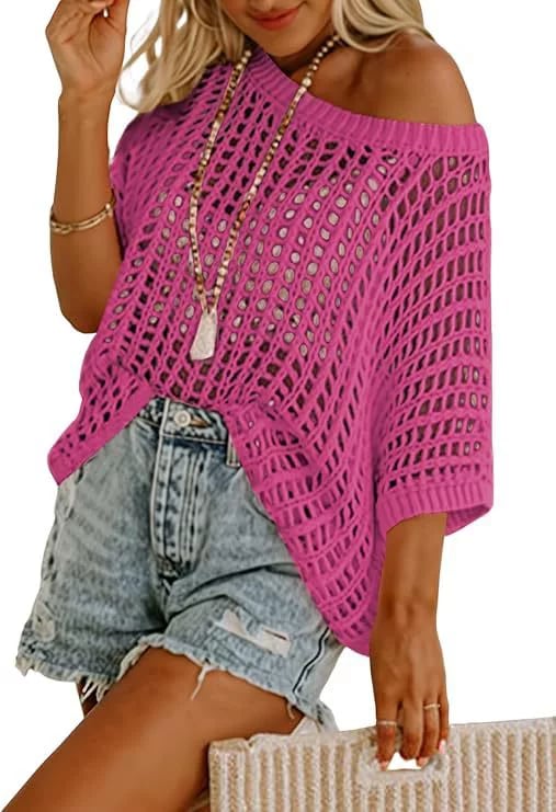 🥰Summer Hot Sale🌿Womens Casual Short Sleeve Hollow Out Pullover Knit Tops