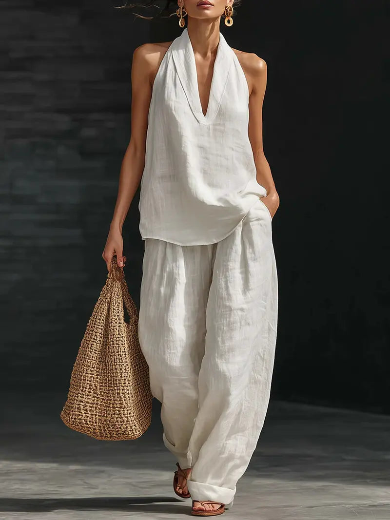 ⏳Time-Limited Special⏰Boho Linen Two Piece Set - Halter Neck Sleeveless Top Wide Leg Pants Set
