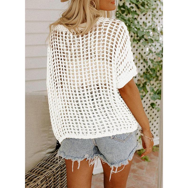 🥰Summer Hot Sale🌿Womens Casual Short Sleeve Hollow Out Pullover Knit Tops