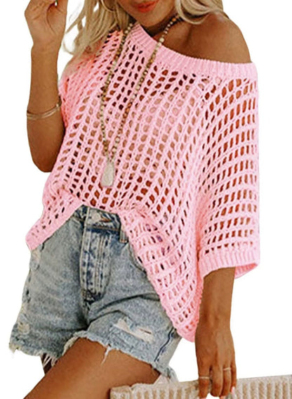 🥰Summer Hot Sale🌿Womens Casual Short Sleeve Hollow Out Pullover Knit Tops