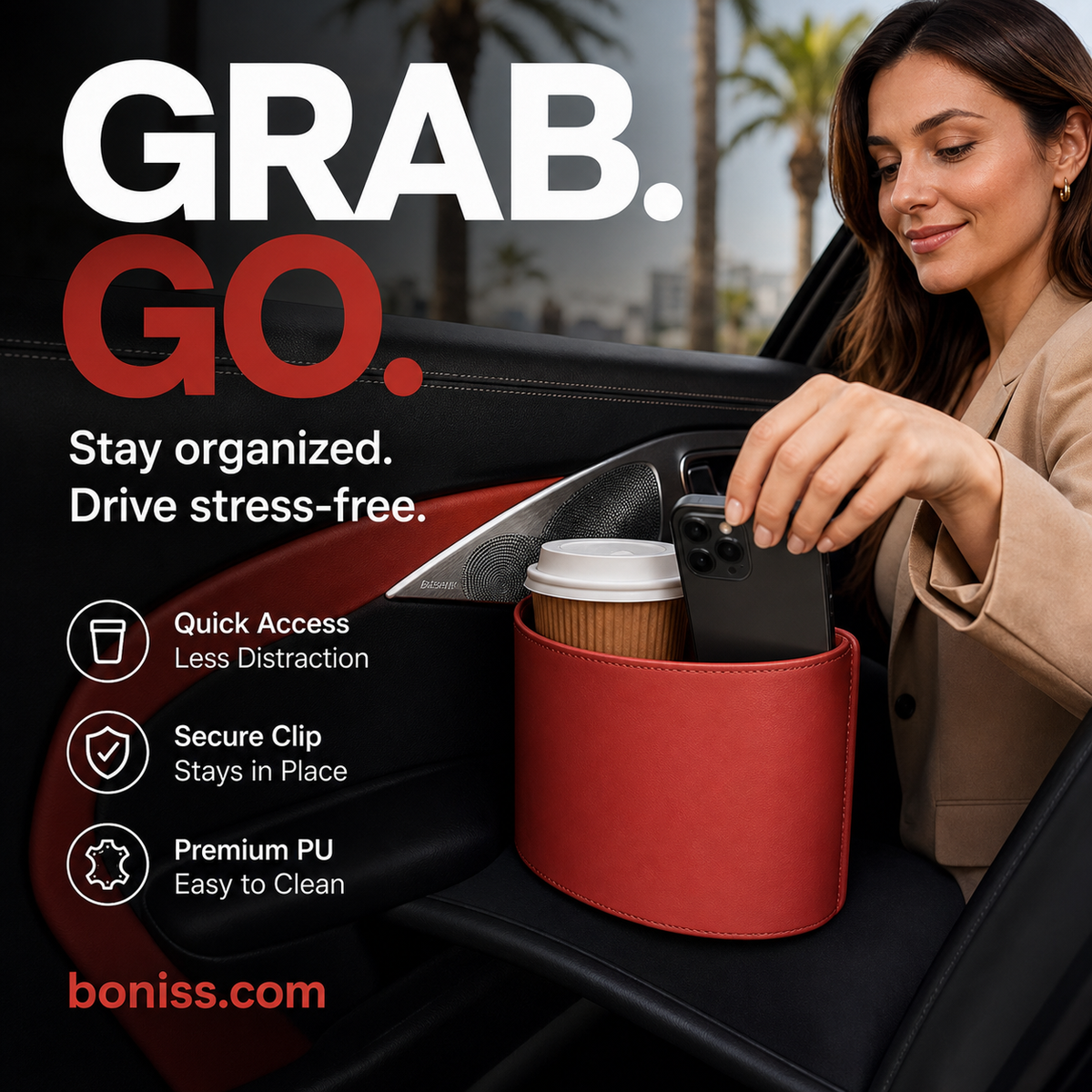 🎉 2026 Sale — Over 95,000 Sold! 🚗 Leather Car Door Cup Holder – Clip-On Mount, Holds Drinks & Phones – Instant Extra Storage! ✨