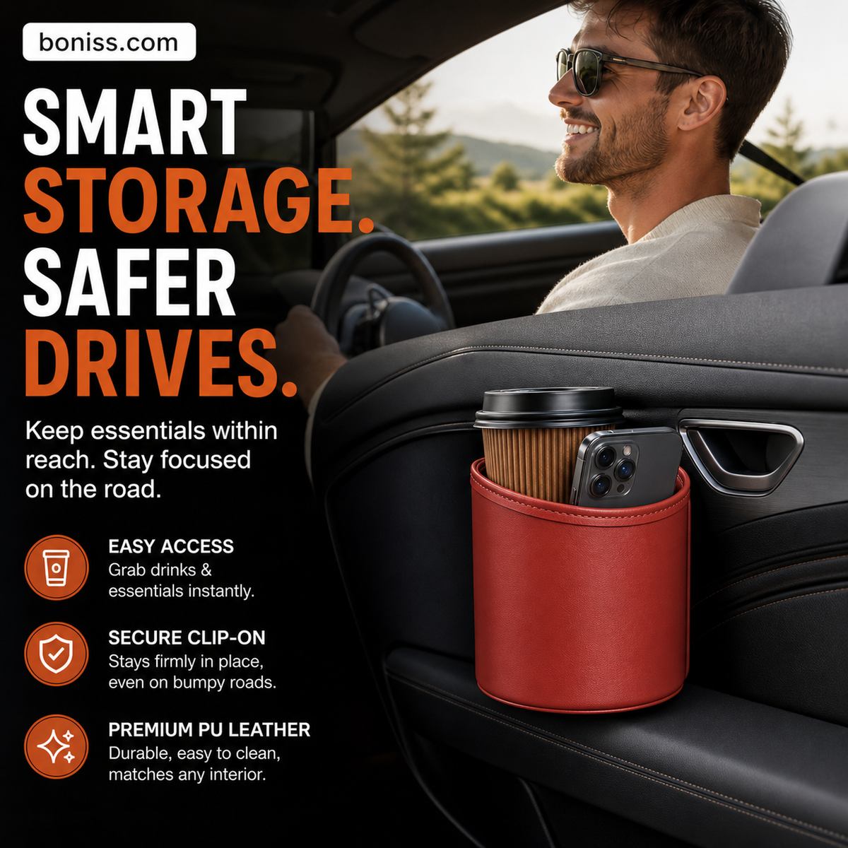 🎉 2026 Sale — Over 95,000 Sold! 🚗 Leather Car Door Cup Holder – Clip-On Mount, Holds Drinks & Phones – Instant Extra Storage! ✨