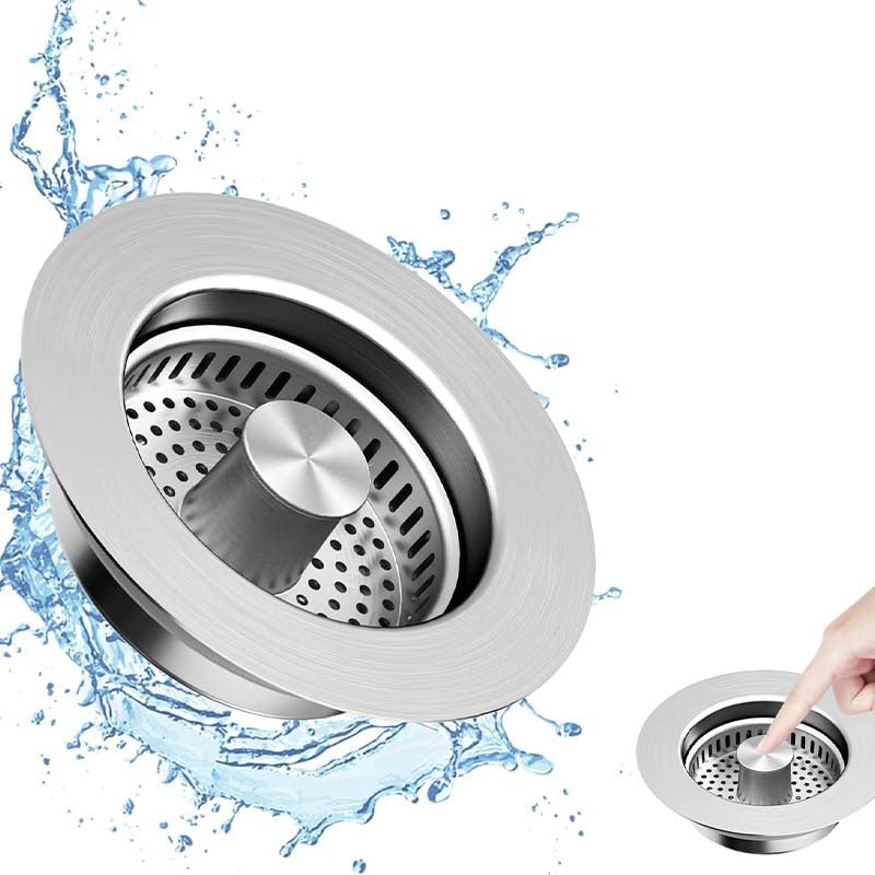 📢📢 50% OFF💧Push-Button Kitchen Sink Drain Stopper with Stainless Steel Body & ABS Food Scrap Filter Basket