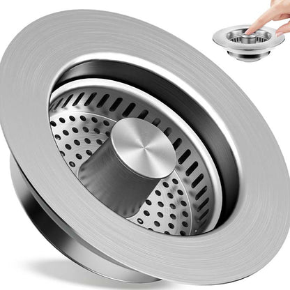 📢📢 50% OFF💧Push-Button Kitchen Sink Drain Stopper with Stainless Steel Body & ABS Food Scrap Filter Basket