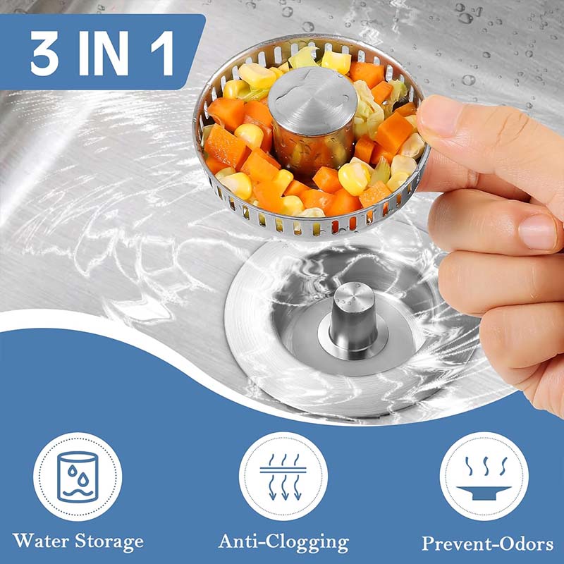 📢📢 50% OFF💧Push-Button Kitchen Sink Drain Stopper with Stainless Steel Body & ABS Food Scrap Filter Basket
