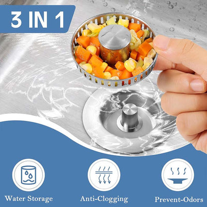 📢📢 50% OFF💧Push-Button Kitchen Sink Drain Stopper with Stainless Steel Body & ABS Food Scrap Filter Basket