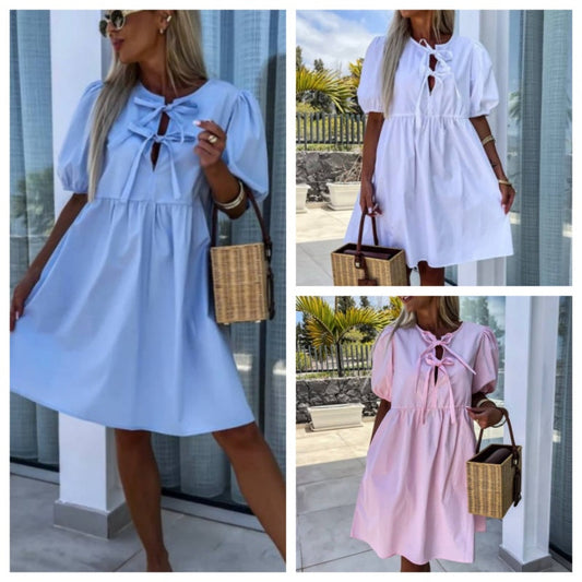 🌴Summer Specials🎀Women’s Trendy Solid Color Bow Tie Front Puff Sleeve Dress